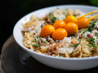 Close-up of Indonesian chicken porridge (bubur ayam) topped with shredded chicken, fried shallots, herbs, and skewered golden egg yolks, served in a white bowl.