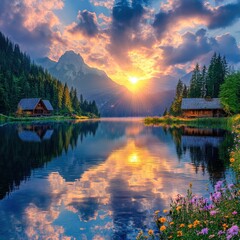 Fototapeta premium Sunrise over Lake Gosau with Cabin and Mountain Reflection in Austria Scenic Landscape Photography