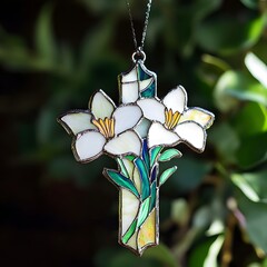 Stained glass cross with lilies (1)