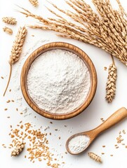 Flour in wooden bowl with wheat and grains overhead studio shot ingredient preparation baking cooking food photography