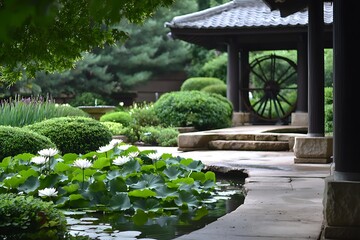 Peaceful Zen garden with water lilies and pagoda Lush greenery, stone path, tranquil atmosphere