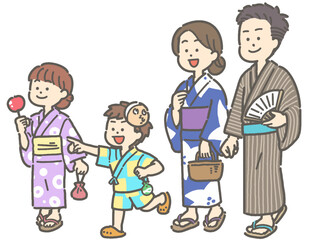 浴衣を着て歩く家族のイラスト
