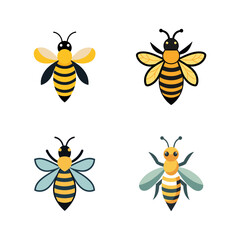 Vector illustration of four different honey bees in flat minimalist design