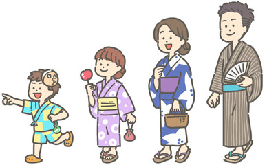 Naklejka premium 浴衣を着て歩く家族のイラストセット 