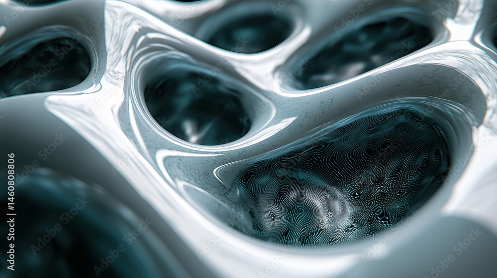 Poster a realistically rendered 3d background showcasing symmetrical fluid patterns with a side angle view 