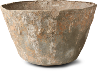 close-up of dirty worn out round metal container used for carrying cement sand or mortar at construction sites isolated white background, rough surface covered in cement stains and mortar residue