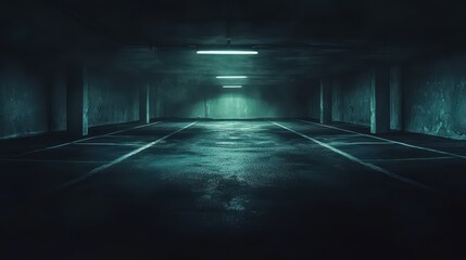 Empty Underground Parking Garage with Dim Lighting and Concrete Pillars Perspective View of Urban Structure