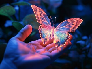 glowing butterfly on hand, dark background, mystical, magical, ethereal, fantasy