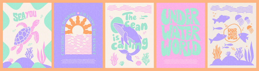 Abstract summer poster, card set with hand drawn underwater world lettering, sea turtle, whale, sunrise and sunset, various fish, algae and shells. Trendy summer design for branding, ads, print, decor