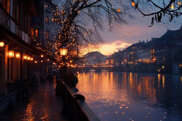 Night canal scene with reflections and people walking along the water