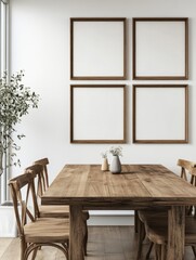 Modern Dining Room with Wooden Table and Empty Picture Frames