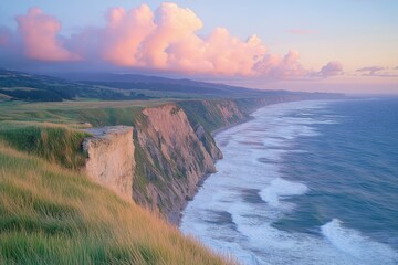 Cliffs by the ocean at sunset with pink clouds in the sky