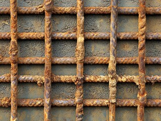 Close-up of Rusty Metal Grid Against Concrete Wall, Industrial Texture, Abstract Pattern, Weathered Look, Detailed Shot