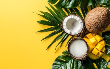 Tropical fruit arrangement on vibrant yellow background