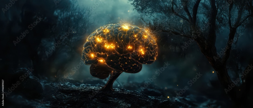Poster glowing brain tree growing in dark forest concept art neural network intelligence connection artific