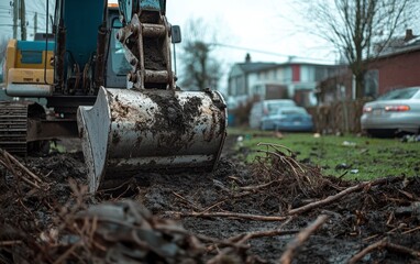 Fototapeta premium Heavy Excavator Digging in Muddy Ground in Urban Setting
