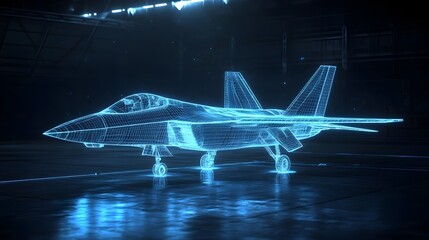 A digital wireframe hologram of a fighter jet on a dark tarmac, glowing blue with detailed lines, showcasing modern aerospace design