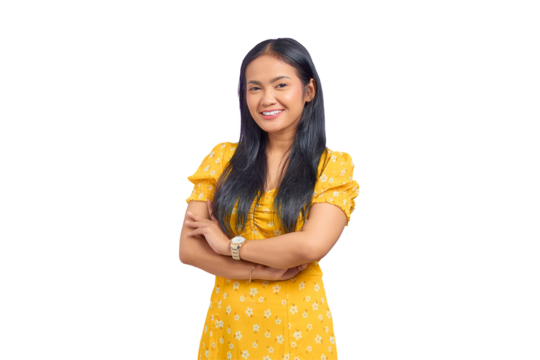 Smiling young Asian woman with crossed arms looking at camera isolated on transparent background