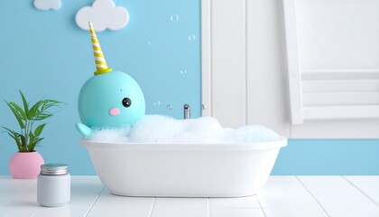 Playful Teal Narwhal Bathtub Toy in a Light Blue Bathroom