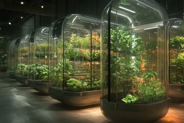 Modern greenhouse with glass domes and plants inside