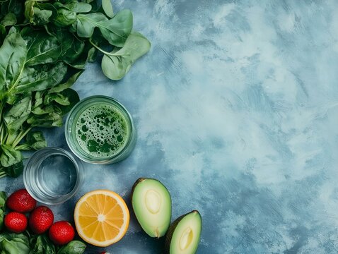 green smoothie ingredients, flat lay, blue background, healthy, vibrant, refreshing