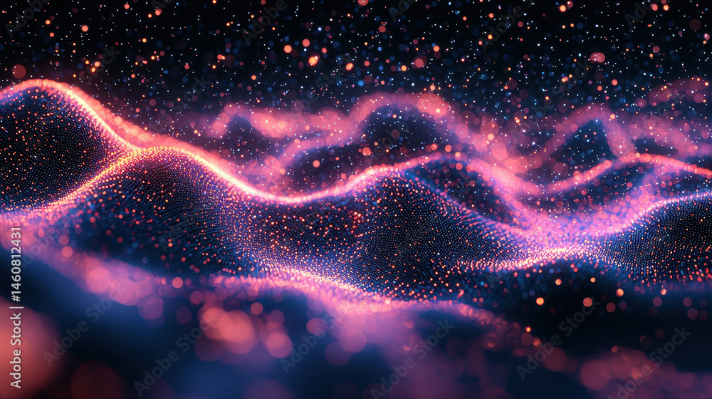Poster a realistic 4k side view of 3d frequency graphics shimme and flowing, showing vibrant particles in a