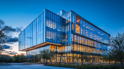 Modern office building exterior with glass walls and sleek design, Steel Frame Structure Geometric Patterns and Construction Style, A large building with a lot of windows and green trees on outside.