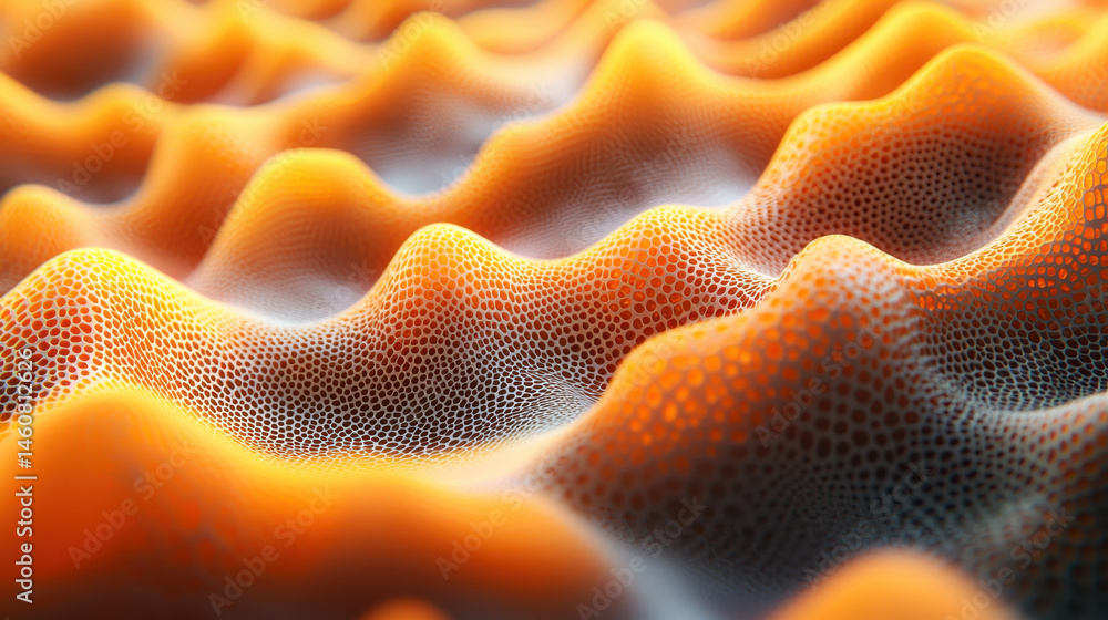 Poster realistic 4k background showing an orange side angle view of detailed 3d frequency patterns with an 
