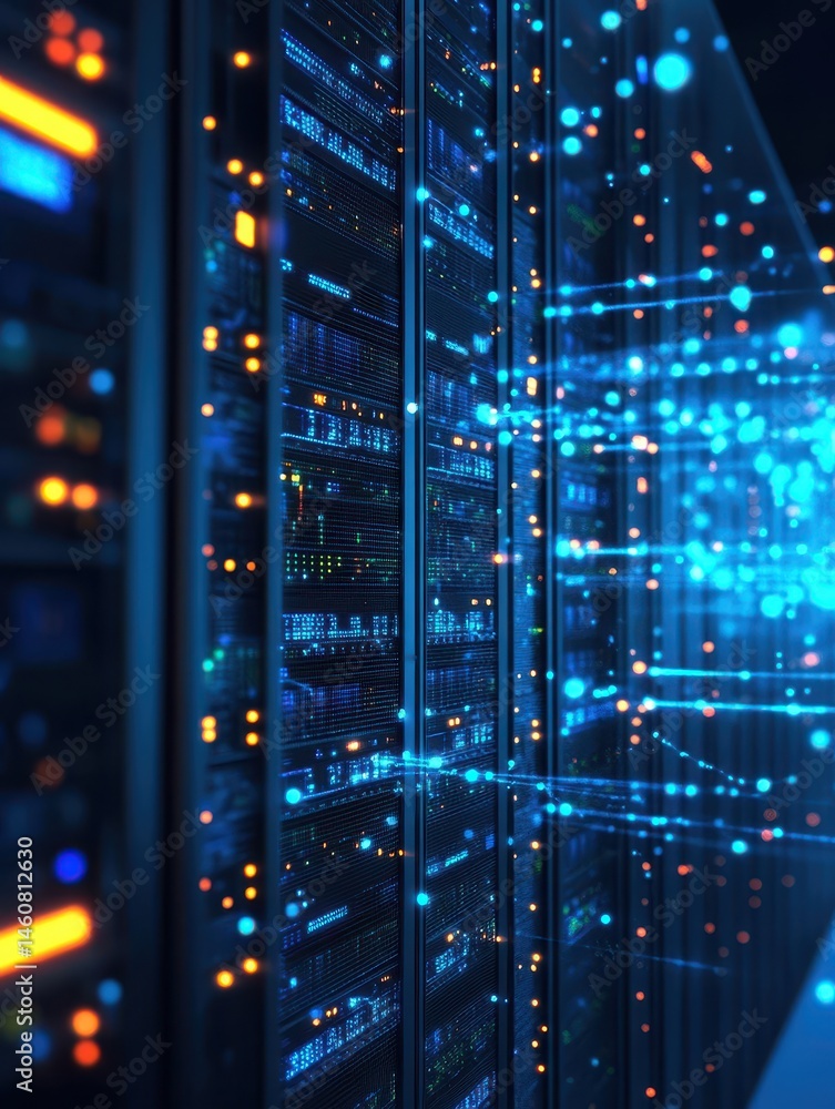 Poster data center servers in operation with glowing lights and network activity close up shot for digital 