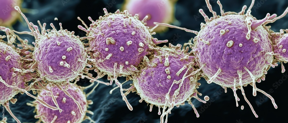 Poster detailed microscopic view of cancer cells showing surface protrusions and cellular interaction in a 