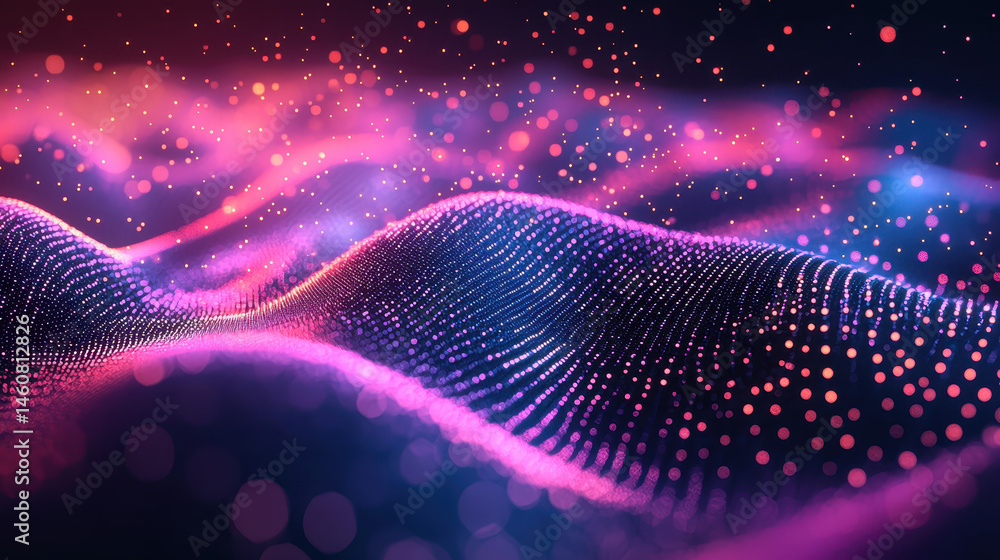 Poster a vibrant 3d background reveals realistic frequency patterns of glowing dots undulating side by side