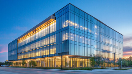 Fototapeta premium Modern office building exterior with glass walls and sleek design, Steel Frame Structure Geometric Patterns and Construction Style, A large building with a lot of windows and green trees on outside.