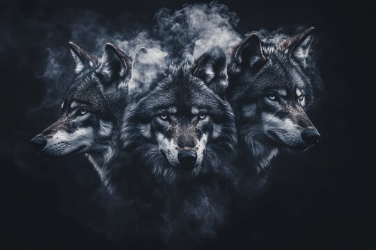 Three Wolves Head Illustration in Dark Fantasy Style with Smoke and Intense Gaze Digital Art