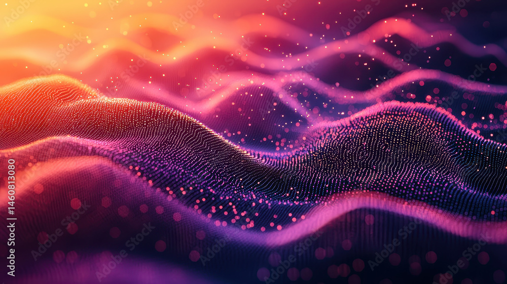 Poster a realistic 4k representation shows a vibrant 3d background with undulating frequency waves, sparkli