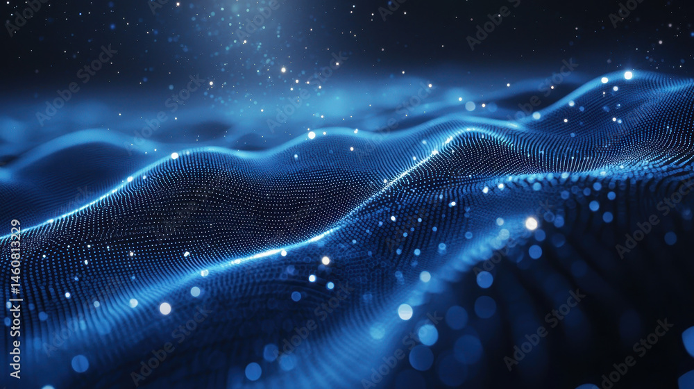 Poster realistic 4k 3d background displaying a complex frequency representation with undulating blue light 