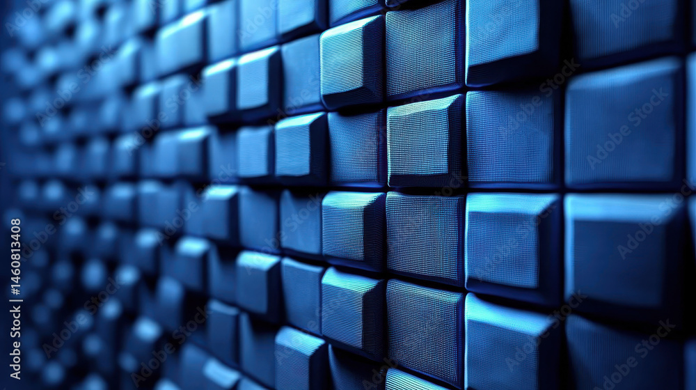 Poster a realistic 4k visualization of a 3d background with abstract blue geometric patterns displays frequ