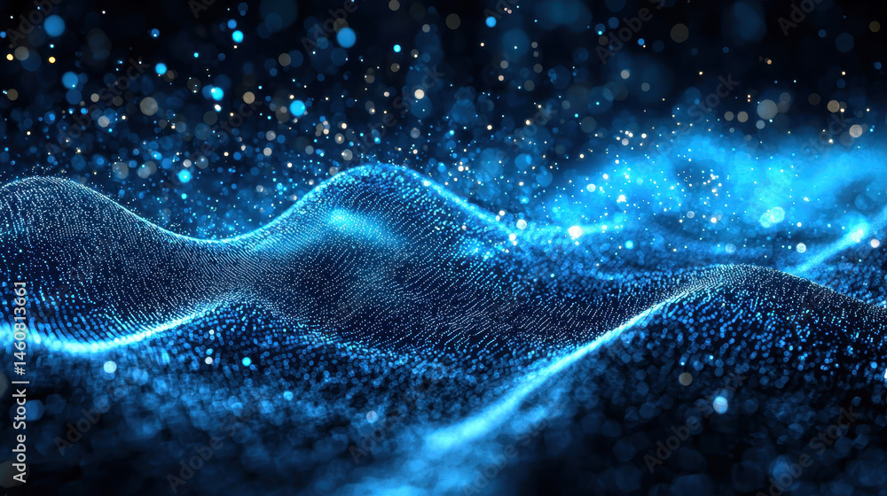 Poster a realistic 4k 3d background shows luminous blue frequency waves undulating from a side angle with s