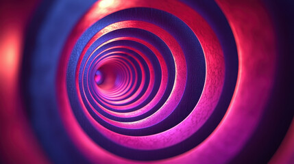 Naklejka premium Geometric spirals create a realistic 3D background illusion in 4K resolution, angled from the side, showcasing a mesmerizing, visually dynamic effect in purple and pink.