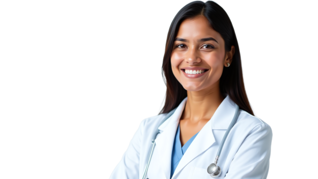 Dental clinic receptionist welcoming patient, First point of contact in dental care, Studio portrait with white background, Highlighting hospitality and professionalism