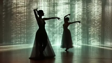 Ethereal dance performance with silhouetted figures and luminous backdrop projection - Powered by Adobe