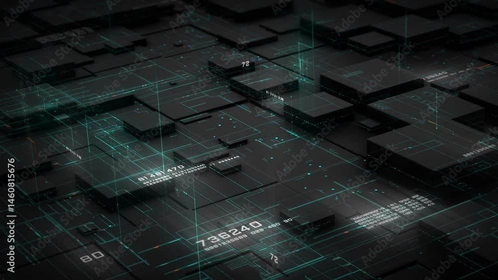 Poster abstract 3d blockchain and digital data network with glowing circuitry and tech blocks, ideal for cr
