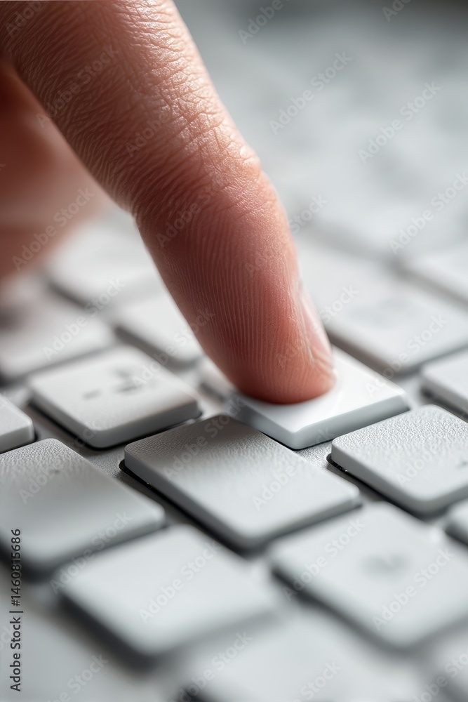 Poster finger pressing white computer keyboard key close up macro shot technology concept modern design