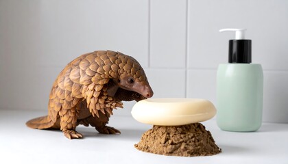 Obraz premium Pangolin Examining Soap on White Countertop
