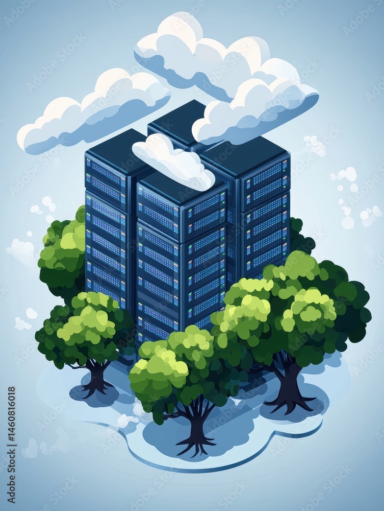 Poster isometric server farm surrounded by trees under a cloudy sky digital illustration data center hostin