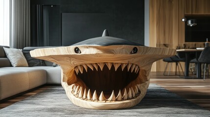 A shark-shaped coffee table crafted from wood, with an open, wide-mouthed design.  A modern, minimalist interior features a dark grey wall, light-toned wood accents, and a light-colored sofa in the 