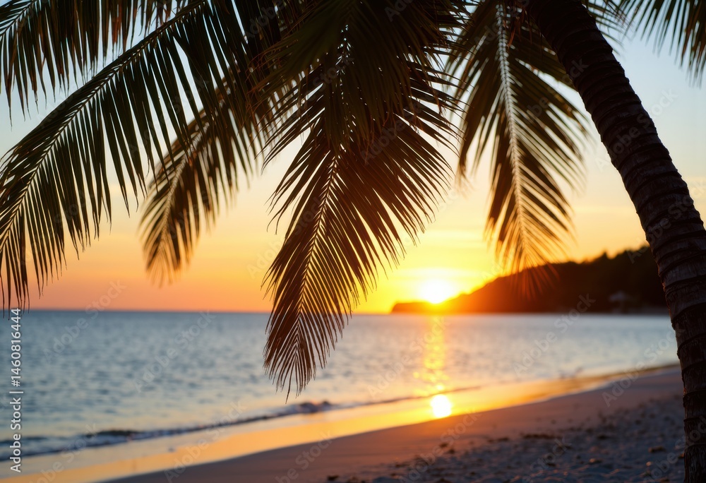 Poster sunset over a tranquil beach with palm trees framing the view