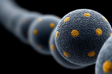 Detailed Close-Up of Colorful Virus Structure with Yellow Spots on Dark Background in High Resolution