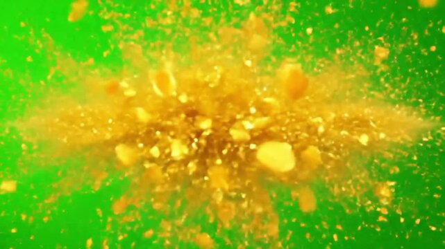 dynamic shot of a cloud of fine golden powder explosively bursting and spreading against a bright green screen background. The golden particles create a shimmering and textured effect as they expand 