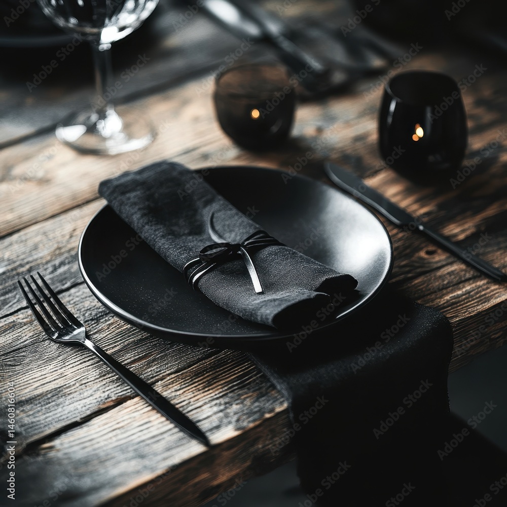 Poster elegant black table setting close up on rustic wooden table with plate napkin and candles for a form