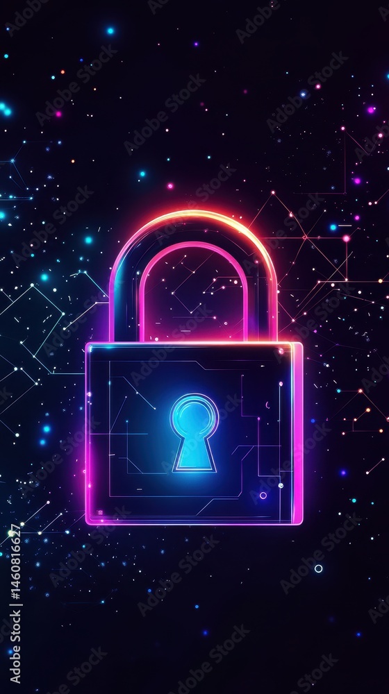 Poster digital padlock securing network data abstract neon glow cyberpunk style close up security concept